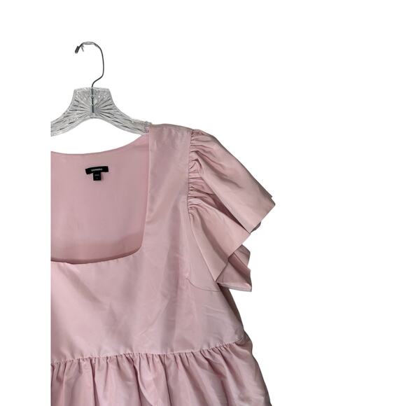 Express Pink Dressy Short Sleeve Ruffle Square Neck Baby Doll Blouse Size Large - Picture 3 of 8